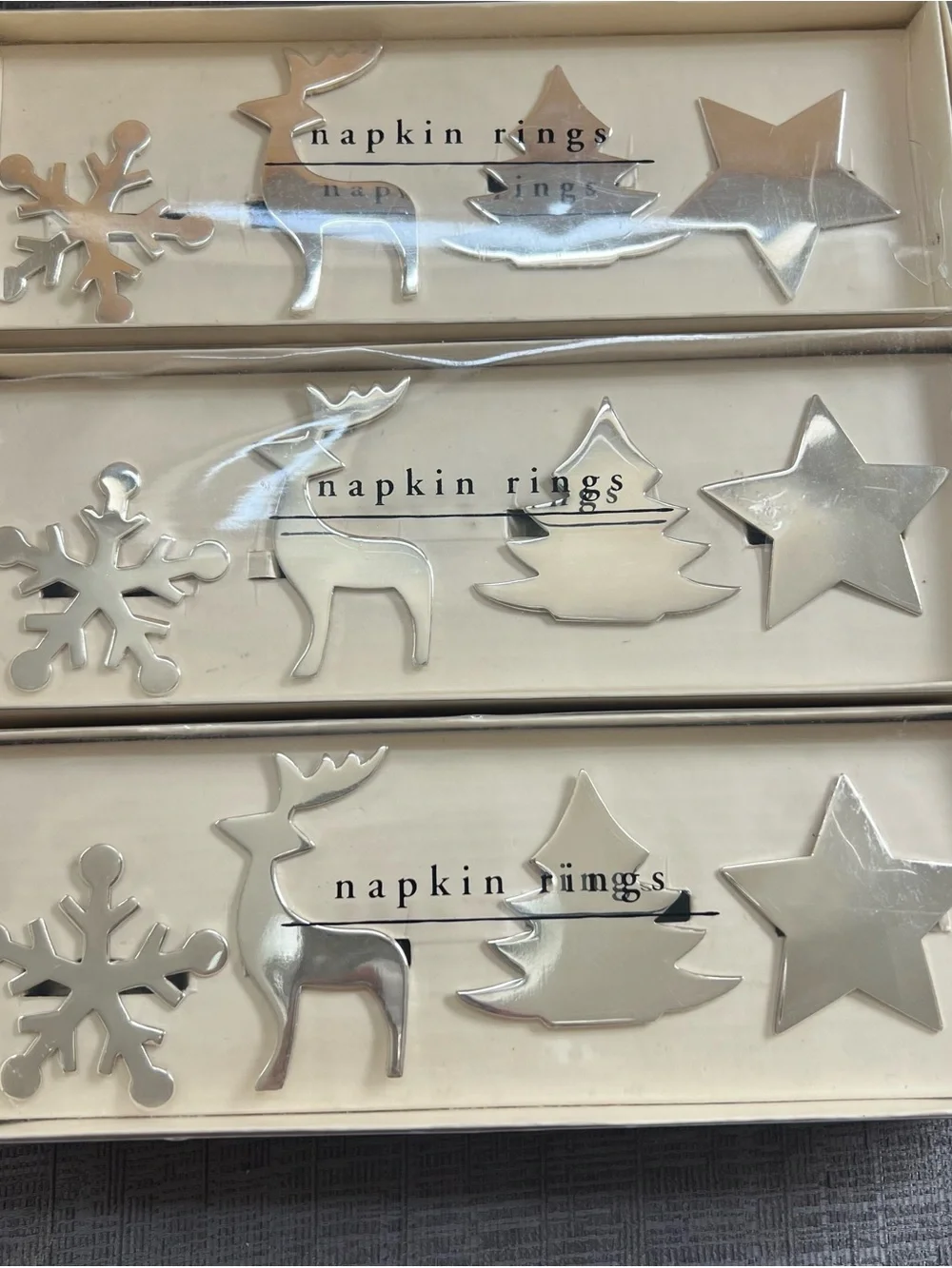 VTG Pier 1 Imports Silver Christmas Napkin Rings Set of 12 Reindeer Snowflake